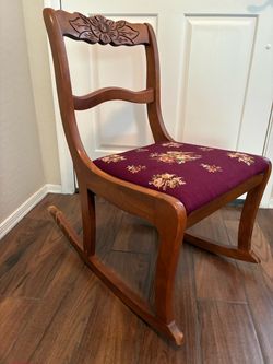 Vintage Nursing Rocking Chair – Carved Wood w/ Needlepoint Floral Seat