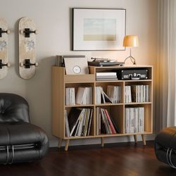 Large Record Player Stand with Vinyl Storage Cabinet, Wood Turntable Table Open Shelf Holder Up to 500 Albums Cube Storage Organizer for Living Room, 