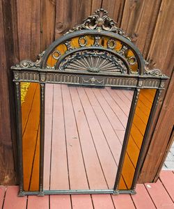 ANTIQUE ORNATE VICTORIAN ARCHITECTURAL WALL MIRROR 45×32 HUGE DECORATIVE CREST AMBER GLASS RARE STATEMENT PIECE