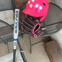 Kids baseball/softball bat, glove & batting helmet