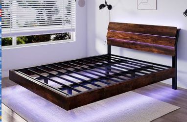 🔥 Queen Floating Bed Frame with LED Lights & Storage