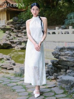White Lace Halter Top & Midi Skirt Matching Set Qipao Cheongsam Inspired M