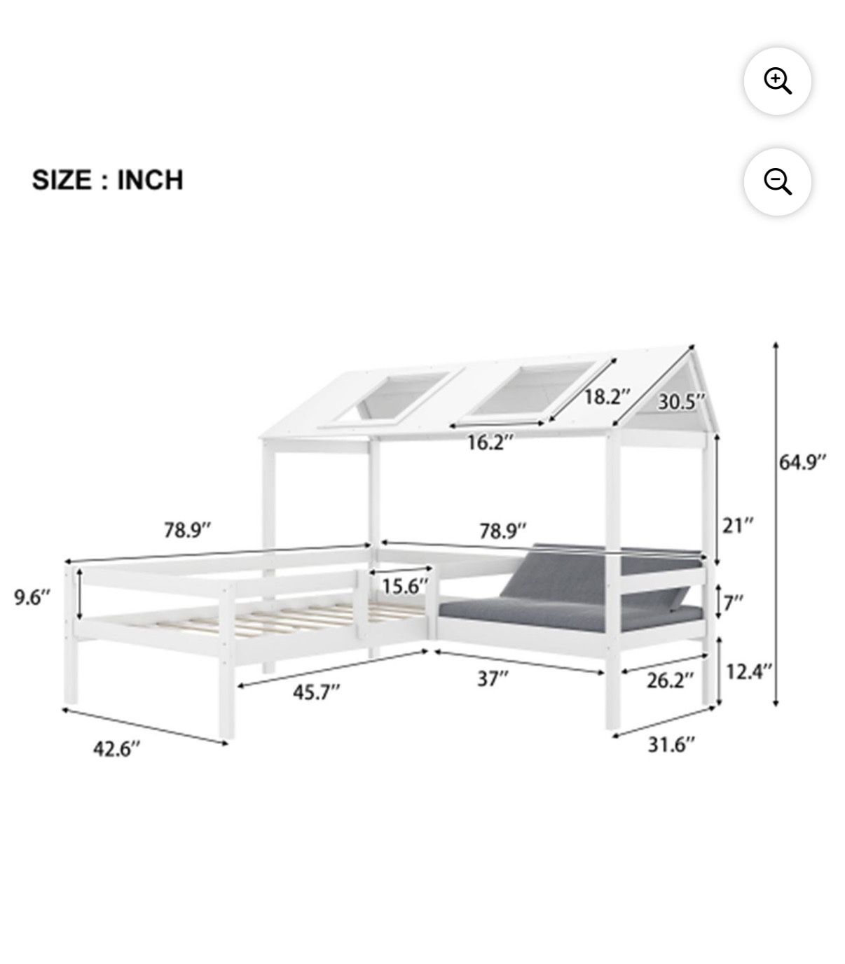 Twin Size House-shaped Bed with Roof, House Bed Frame with Seat and Cushion, White