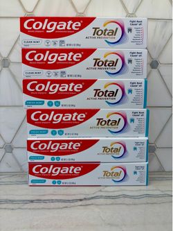 New Colgate Total Active Prevention toothpaste Each box is 5.1 oz. Clean Mint or Fresh Mint flavors.