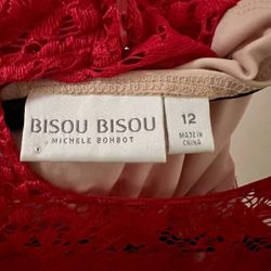 Retails For $150 - New Without Tags - BISOU  BodyCon Red Lace Dress With Nude Slip - Size 12