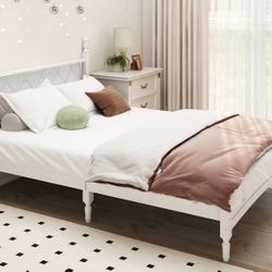 Queen Bed Frame with Fabric Upholstered Headboard, Solid Rubber Wood Foundation , White/Rustic Oak