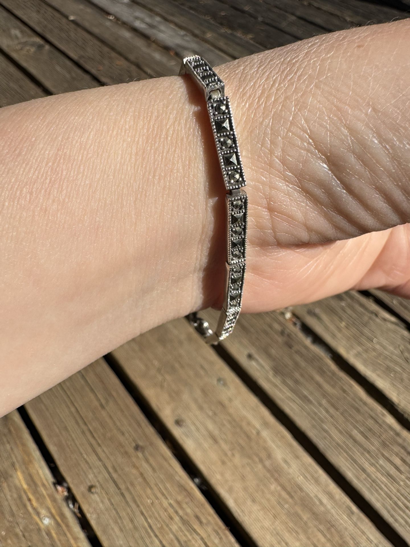 Vintage 925 Sterling Silver Marcasite Link Bracelet – Art Deco Style – Made in China