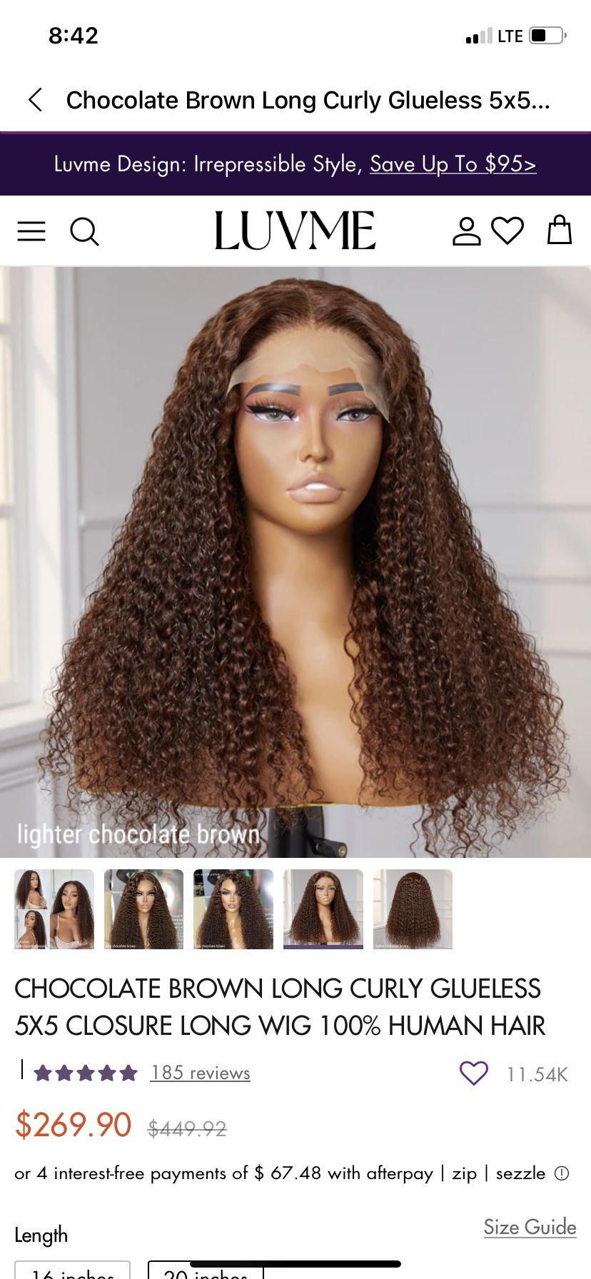 Chocolate Brown, 20 Inch Glue Less Wig