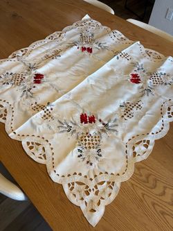 Vintage Christmas Embroidered Tablecloth with Cutwork