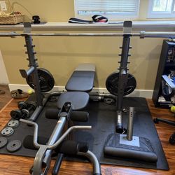 Home Gym Setup: 300lbs, Adjustable Rack, Adjustable Bench With Preacher Curl And Leg Extension. 