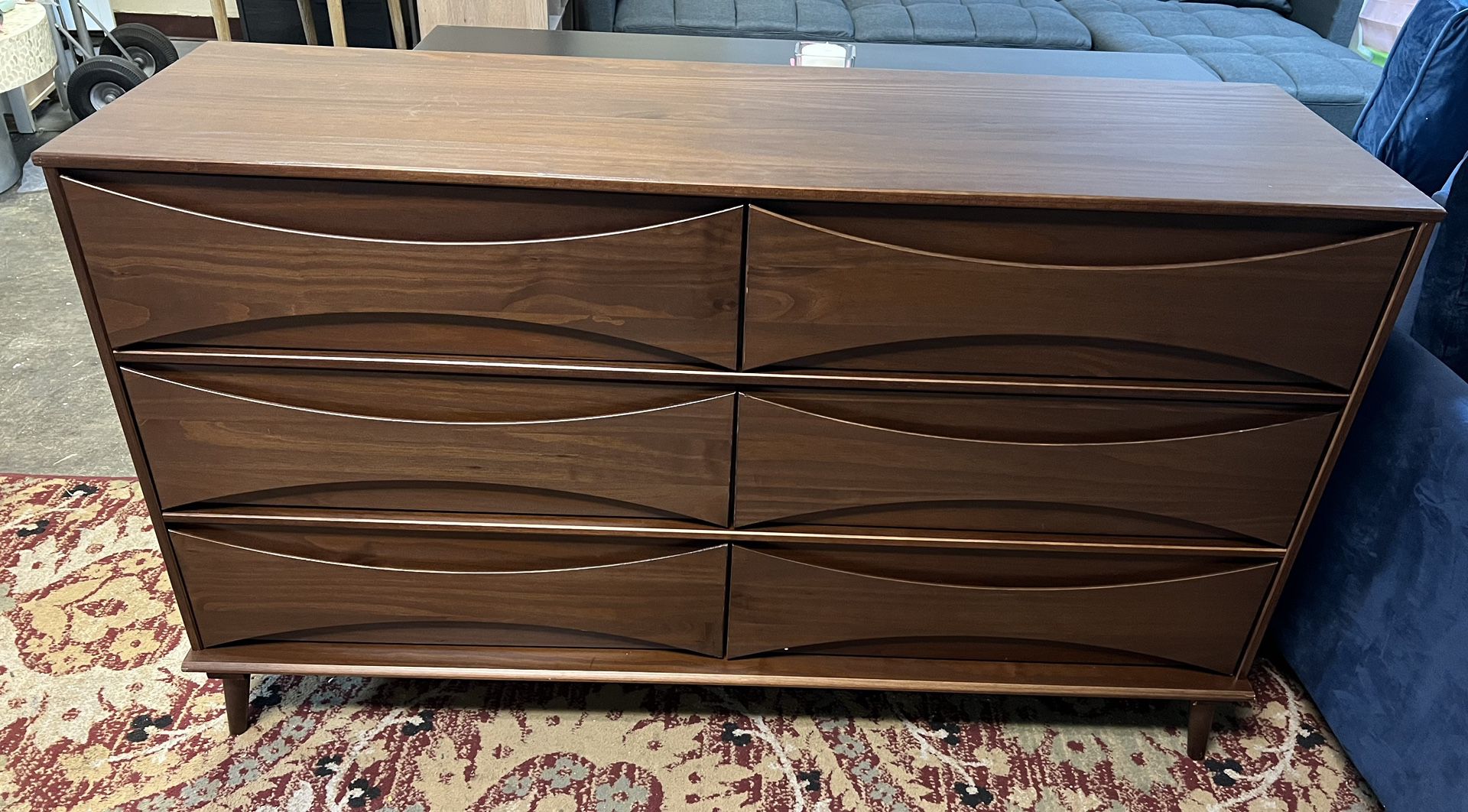 New 58” Mid-Century Modern Curved Front 6-Drawer Dresser, Walnut 