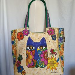 Laurel Burch Whimsical Cat Floral X-Large Tote Bag Double Strap