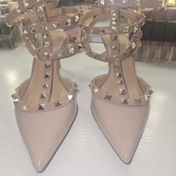 Studded Kitten Heels With Rivet Ankle Straps. Nude Pink Size 38 (7.5)