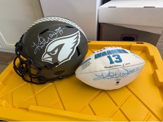 Kurt Warner Autographed helmet and ball