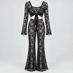 Mapalé Black Floral Lace Tie Top & Flare Pants L/XL NWT