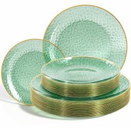 Lullaby 60PCS Green Disposable Plastic Plates With Gold Rim, Stone Inspired
