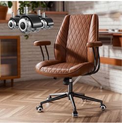 Brown Leather Office Desk Chair with Quiet Rubber Wheels, Height Adjustable, Padded Arms, Vintage Mid Century Office Chair, Retro Style Desk Chair