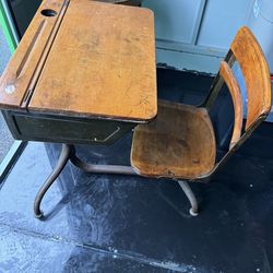 Antique Student Desk With Ink Well And Storage