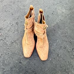 Tan Suede Ankle Boots with Gold Zippers  8.5