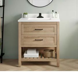 Home Decorators Collection Autumn 30 in. Single Sink Freestanding Weathered Tan Bath Vanity with White Engineered Stone Top (Assembled