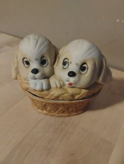 Vintage Bisque Ceramic Puppies in Wicker Basket Trinket Box / Stash Jar