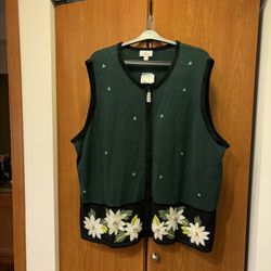 Vintage Quacker Factory Holiday Poinsettia Embroidered Zip Up Sweater Vest 3XL 