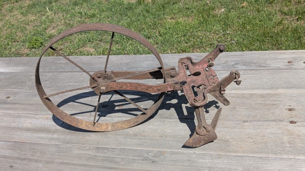 Vintage Miniature Metal Plow with Large Spoked Wheel Farm Implement 15" Long