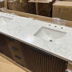 72" Espresso Double Bathroom Vanity Cabinet w Quartz Countertop & Square Sinks