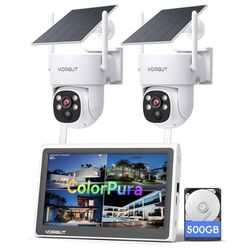 Solar Security Cameras Wireless Outdoor with 10'' Monitor, 2pcs 2K Solar Powered Camera System