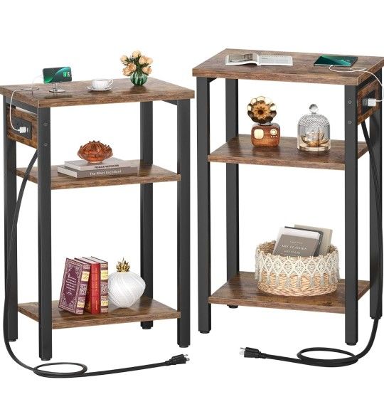 End Table Set of 2 with Charging Station, 3 Tier Small Nightstand with Storage Shelf, Slim Side Table with USB Ports & Outlets