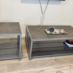 Modern Coffee Table & End Table Set – Gray Stone Top with Metal Frame