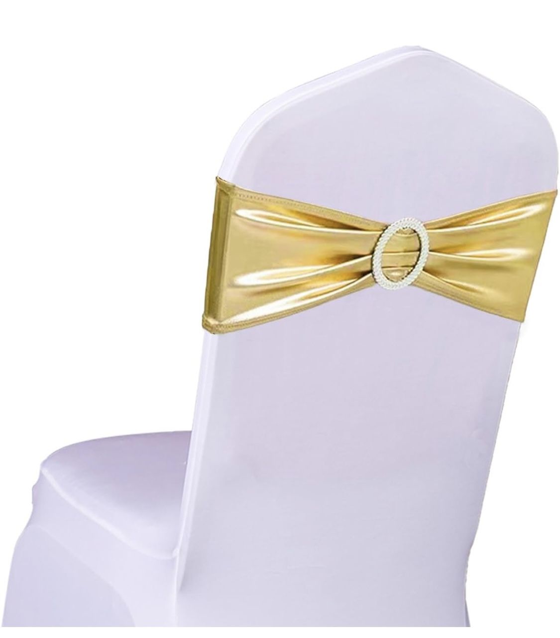 SINSSOWL Pack Of 50 Spandex Bronzing Gold Chair Sashes For Wedding Metal Gold Chair Bows Sashes Bands Fitting Birthday Party Anniversary Bridal Baby S