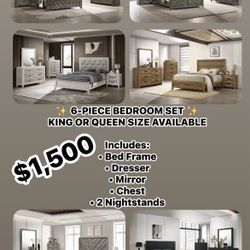 ✨ 6-PIECE BEDROOM SET ✨ KING OR QUEEN SIZE AVAILABLE  Includes: • Bed Frame • Dresser • Mirror • Chest • 2 Nightstands