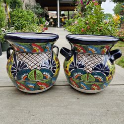 Talavera Blue Rim Clay Pots, Planters,Plants, Pottery $55 cada uno.
