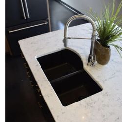 Undermount 33-Inches x 21-Inches Black Composite Double offset bowl Kitchen Sink