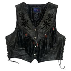Vance Leathers Black Embroidered Floral Tasseled Snap Button Up Vest Jacket