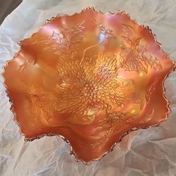 Antique Fenton Marigold Stag & Holly Carnival Glass Footed Bowl Ruffled
