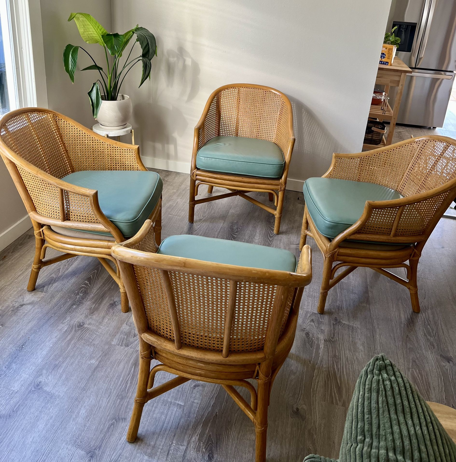 4 Vintage Rattan Barrel Back Accent Chairs | Arm Chairs
