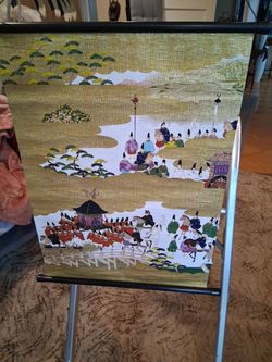 Japanese Heian Procession Handkerchief: Vintage Cotton Art Monogatari Art, 18 x 17.5 inches