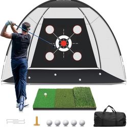 Golf Net with Practice Mat, Golf Hitting Aid Nets 10x7FT for Backyard Driving Chipping Training Swing with Target Mat Balls for Outdoor Indoor, Gifts 