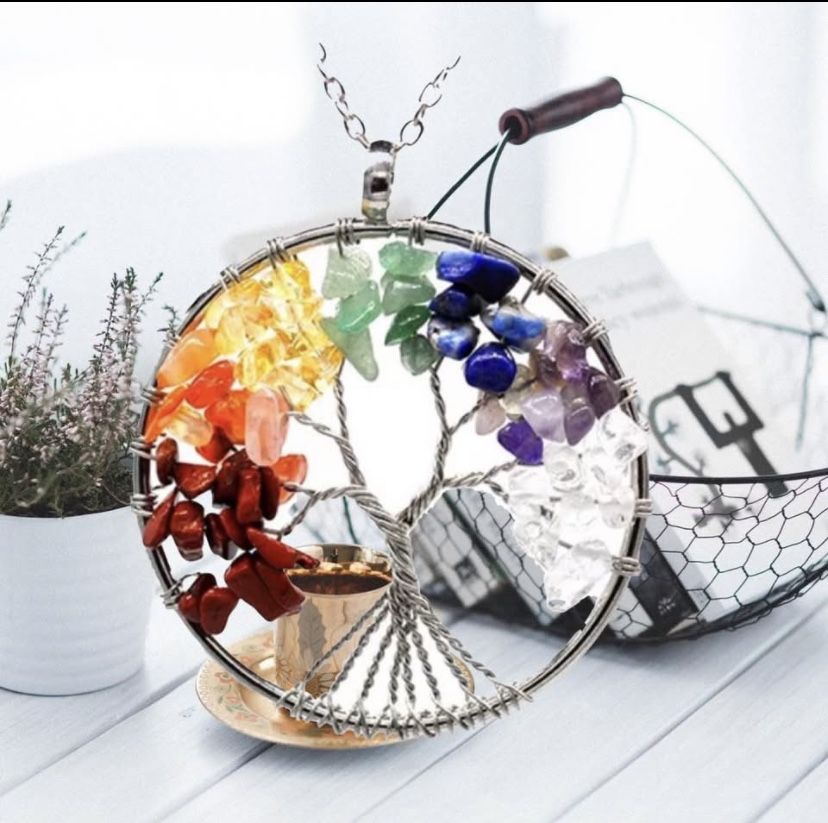 Tree of Life Pendant Necklace, Chakra Pendant Necklace, Stainless Steel Chain, Crystal Necklace