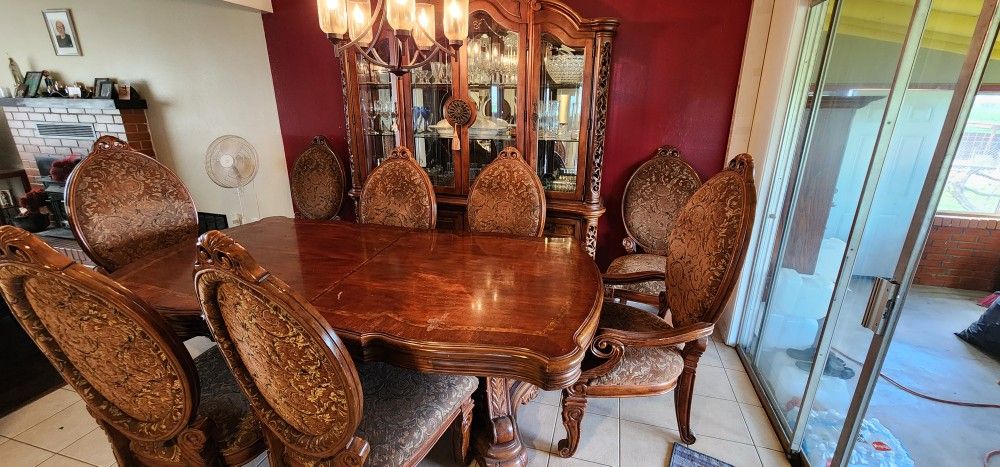 Elegant AICO by Michael Amini Dining Room Set – Table, 8 Chairs, and Matching Hutch – Seats 12!