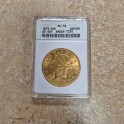 1878 $20 Liberty Gold Coin AU58 Grade DD Reverse Error