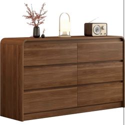 6 Drawer Dresser For Bedroom 47 Inch Wood Chest of Drawers - Curved Anti Collision, Mid Century Dresser For Closet with Natural Texture & Pre-Embedded