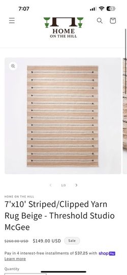 7'x10' Striped/Clipped Yarn Rug Beige - Threshold Studio McGee $260.00 USD $149.00 USD Sale Pay in 4 interest-free installments of $37.25 with shop