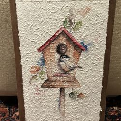 Antique Farm House Textured Paper on Wood Print - Birdhouse with Bird - Artwork
