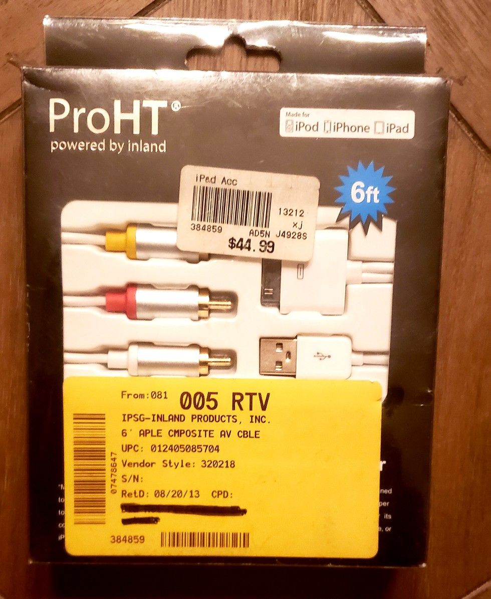 APPLE DATA CONNECTOR TO COMPONENT ADAPTOR PROHT 6FTS IPHONE IPOD