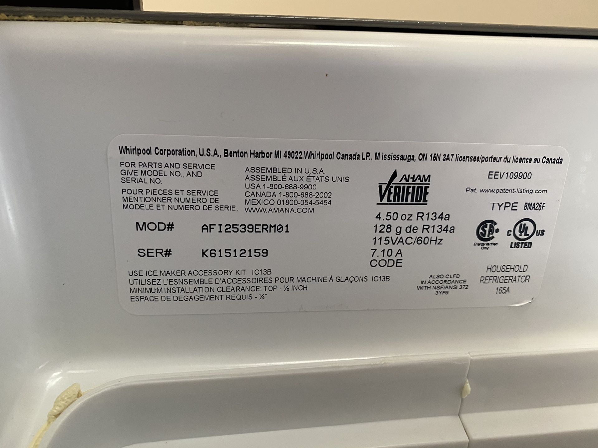 Amana French door Refrigerator water and ice dispenser only three years