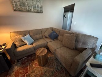 Tweed and tan couch
