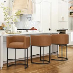 New 27” H Counter Height Bar Stools, Set Of 3, Modern barrel Chairs With Backrest And Arms